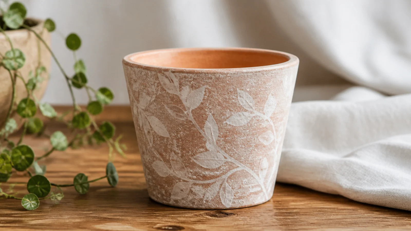 A small terracotta pot with a thin sheer white wash that lets the warm clay texture show through softly.