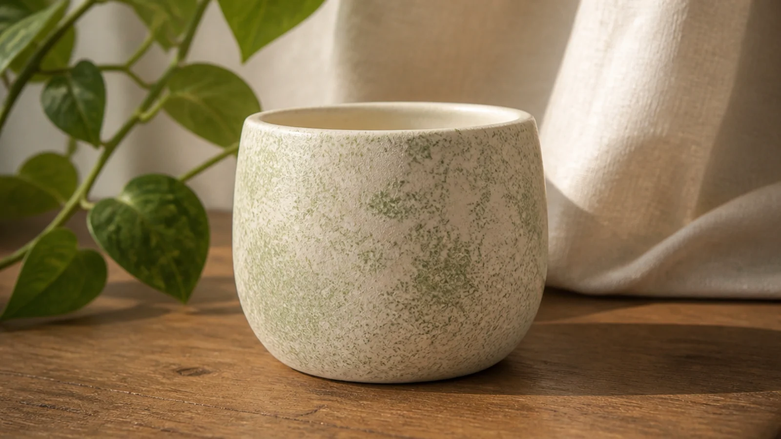 A small cream pot with a soft mottled sage sponge texture across the whole body, like handmade stoneware.