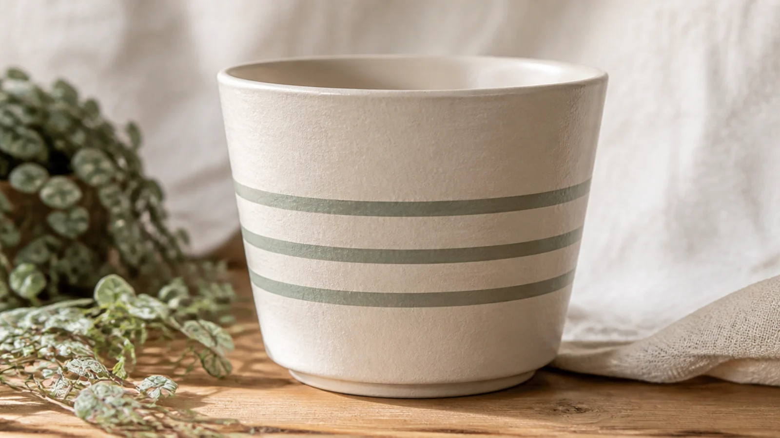 A cream small pot with three slim, evenly spaced sage stripes wrapping horizontally around the body.