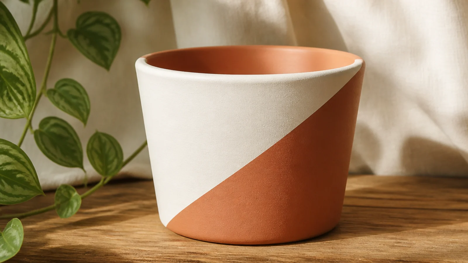 A small pot painted with a clean diagonal split, upper-left cream and lower-right terracotta, meeting at a sharp angled line.