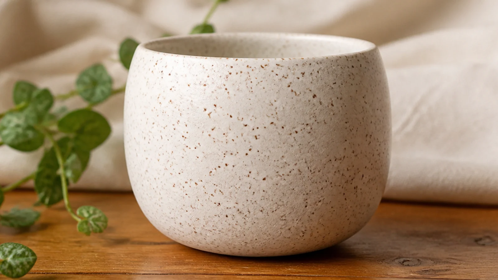 A small white pot covered in fine, evenly scattered dark brown speckles, like a stoneware egg finish.