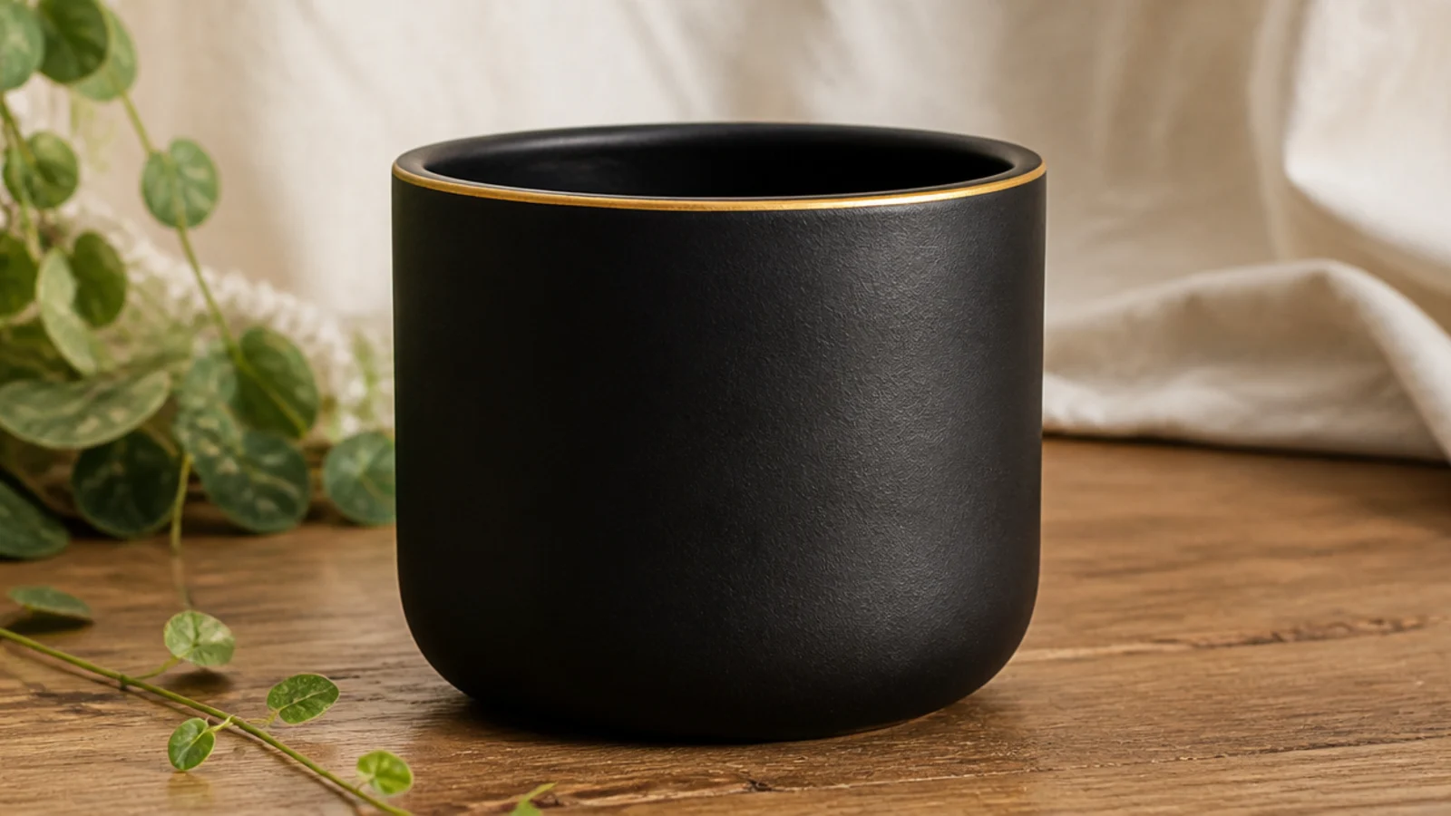 A small matte black pot with a single thin, crisp metallic gold line drawn around the very top edge of the rim.