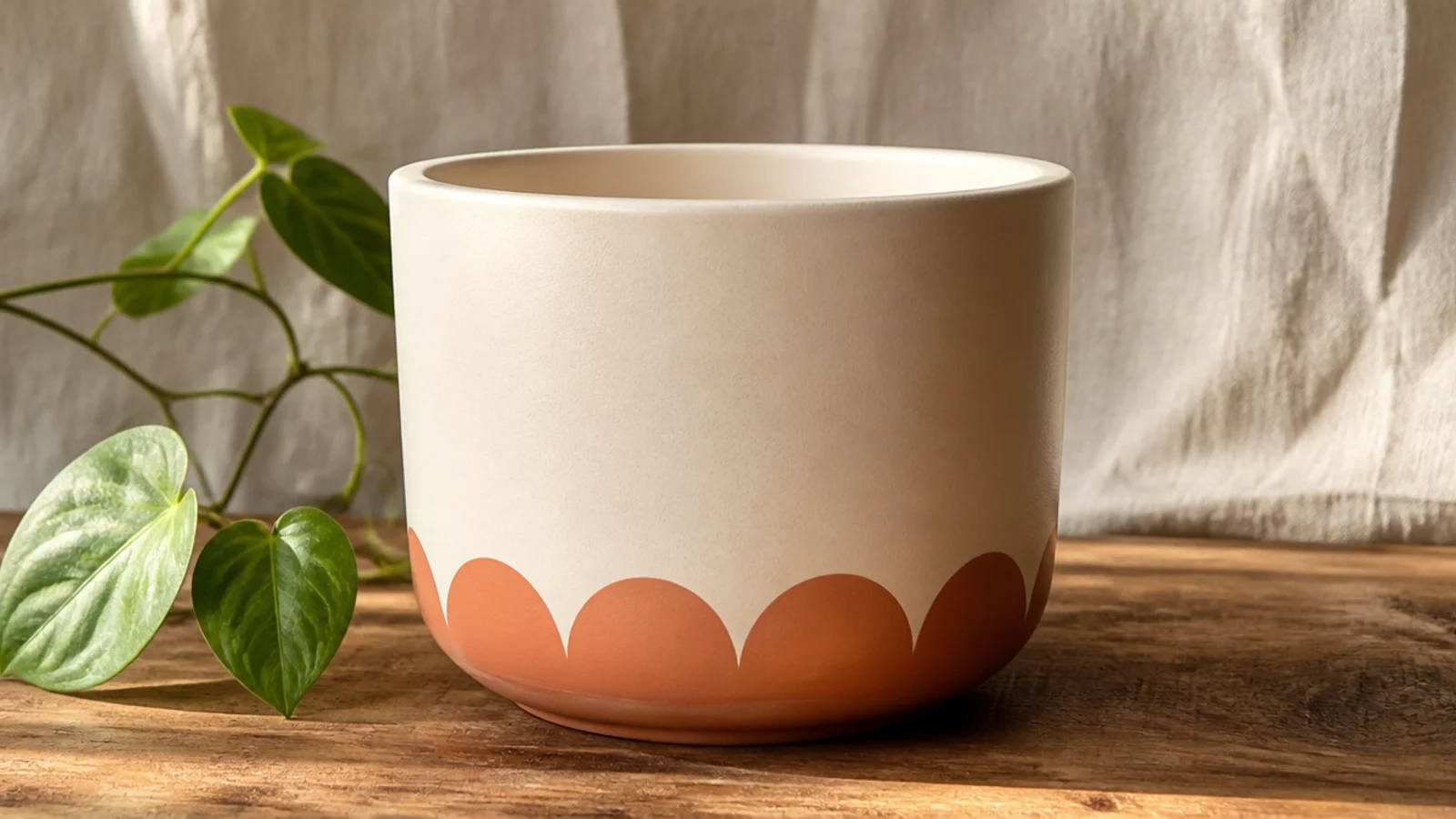 A cream small pot with a row of evenly sized half-circle scallops painted in terracotta along the bottom edge.