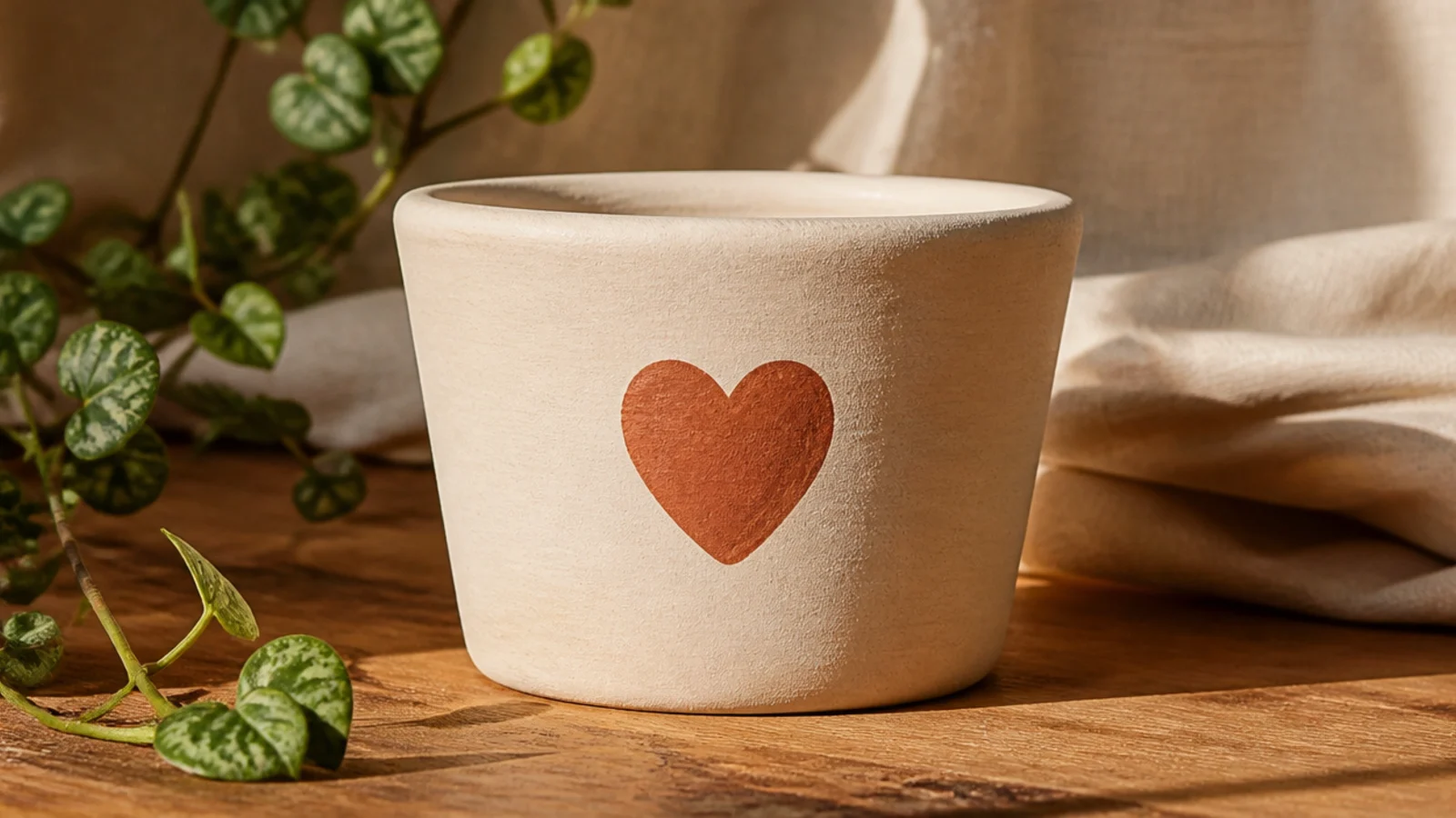 A small cream pot with a single small terracotta heart painted on the front-facing side, centered and simple.
