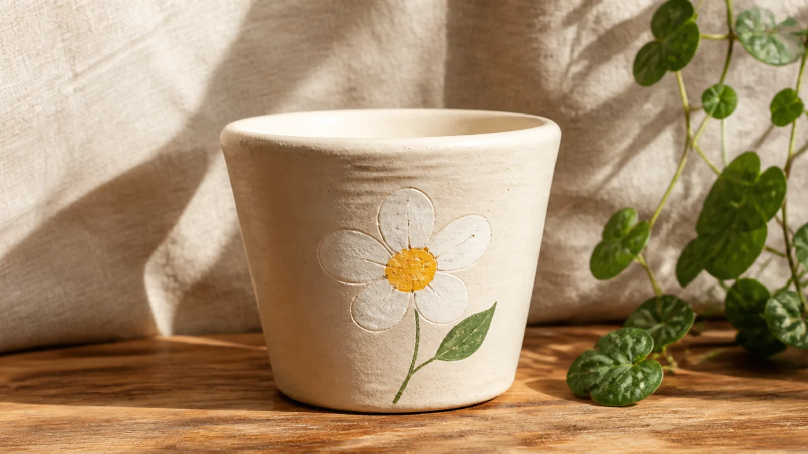 A small pale pot with one simple five-petal white daisy and a yellow center painted on the front, a tiny green leaf beside it.