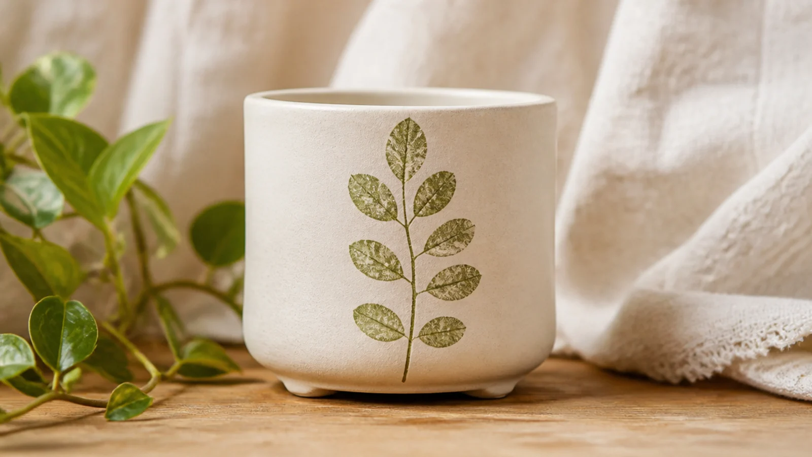 A small cream pot with a single soft sage-green leaf sprig printed on the front using a real leaf as a stamp.
