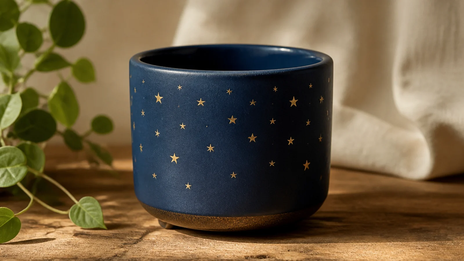 A small navy pot with a scattering of small gold stars stamped evenly across the upper body, like a night sky.