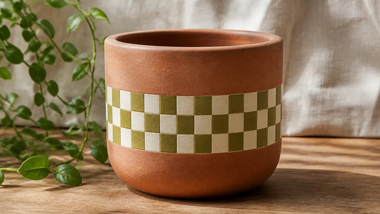 A small pot with a single band of small olive-and-cream checkerboard squares wrapping around the middle, the rest plain.
