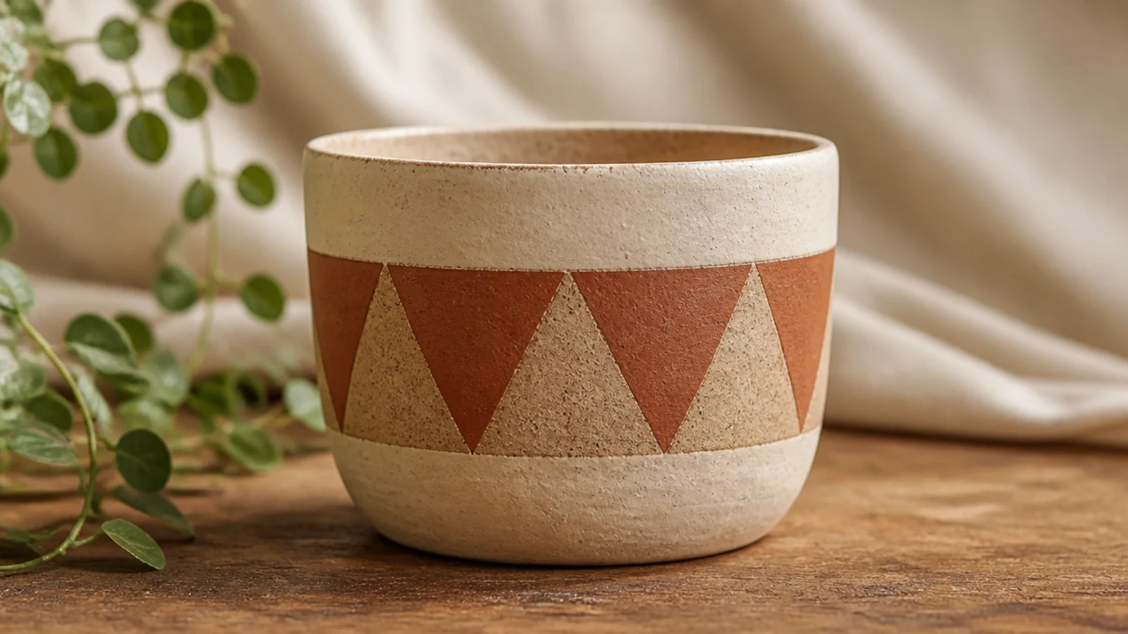 A small pot with a band of alternating painted and bare-clay triangles in two earthy colors wrapping around the middle.