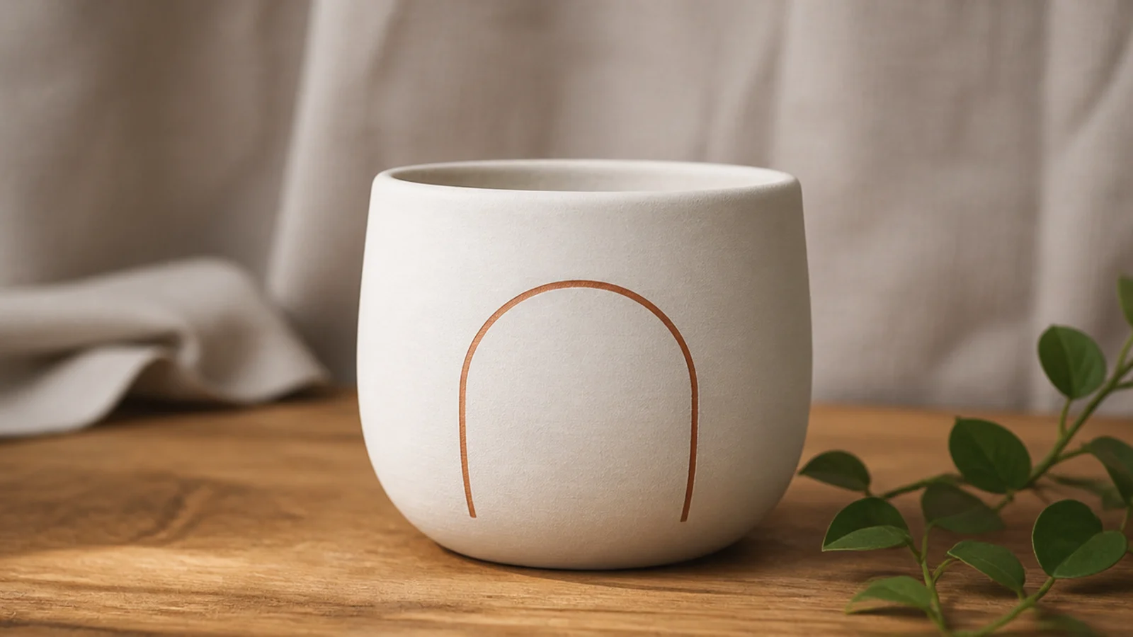 A small white pot with a single thin terracotta arched line drawn on the front, like a minimalist rainbow outline.