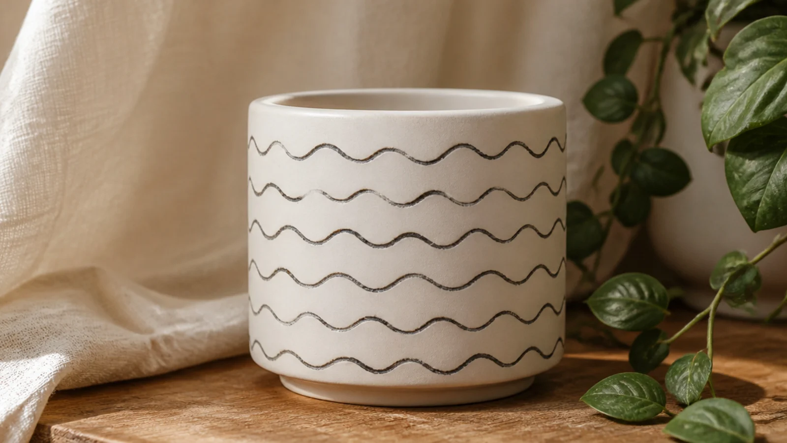 A small cream pot with a repeating thin charcoal wavy squiggle line wrapping horizontally around the body.