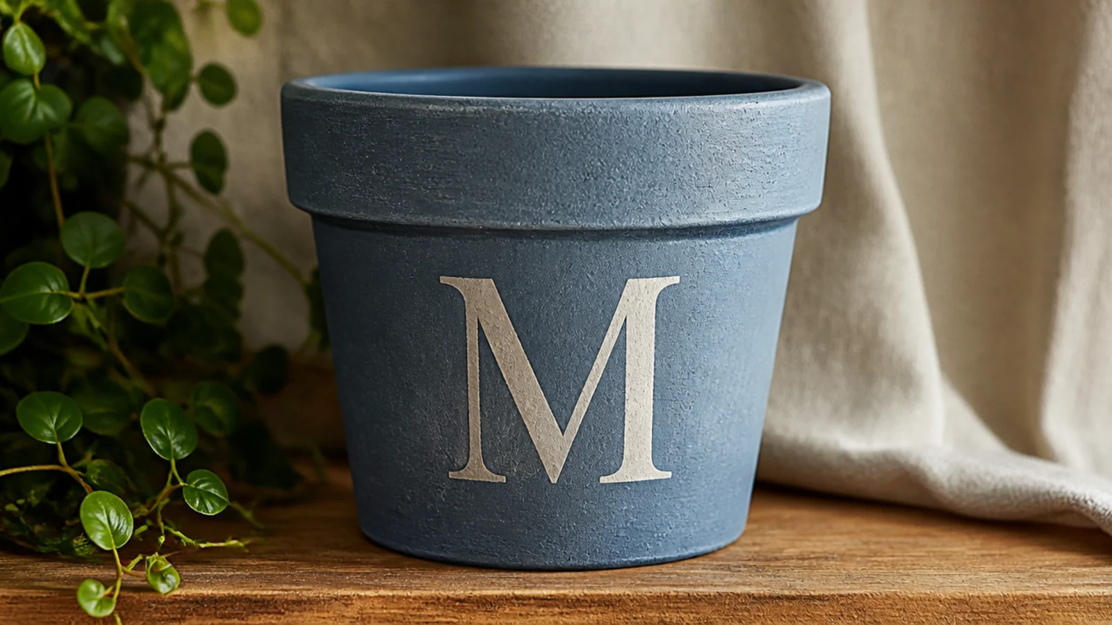 A small dusty-blue pot with a single large cream serif initial centered on the front panel.