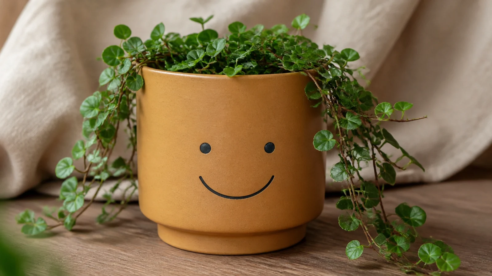A small mustard pot with a simple minimalist smiley face - two dot eyes and a curved line smile - on the front.