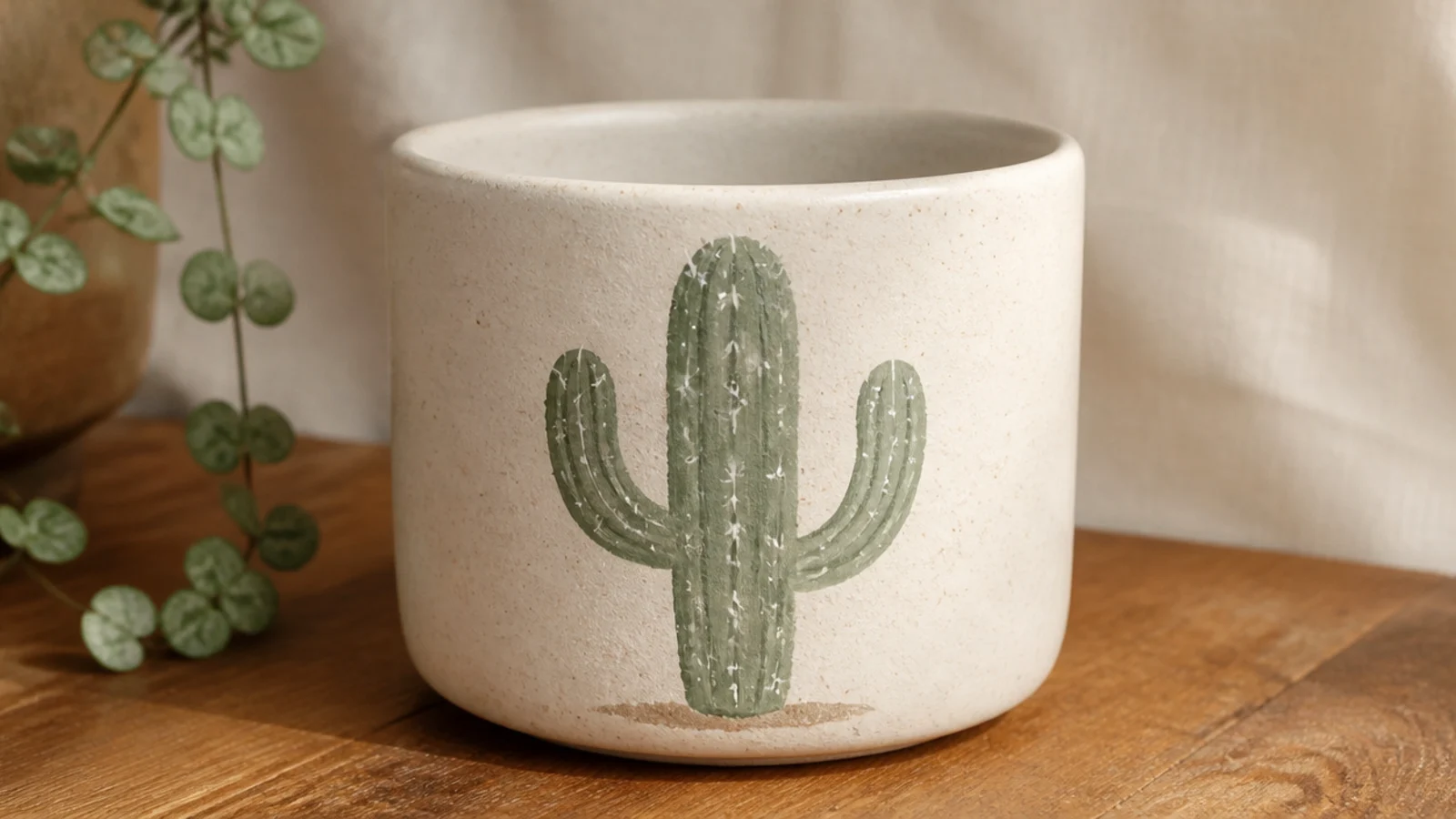 A small cream pot with a single simple sage-green cactus with two arms and tiny white spines painted on the front.
