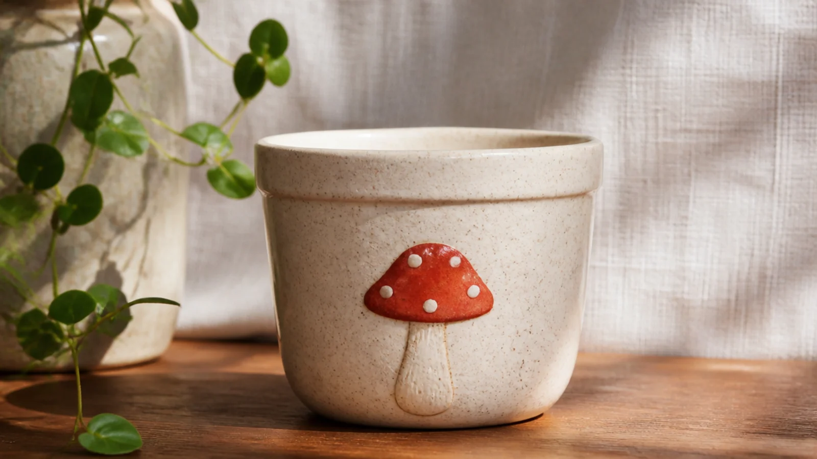 A small cream pot with a single cottagecore red-capped mushroom with white dots and a cream stem on the front.