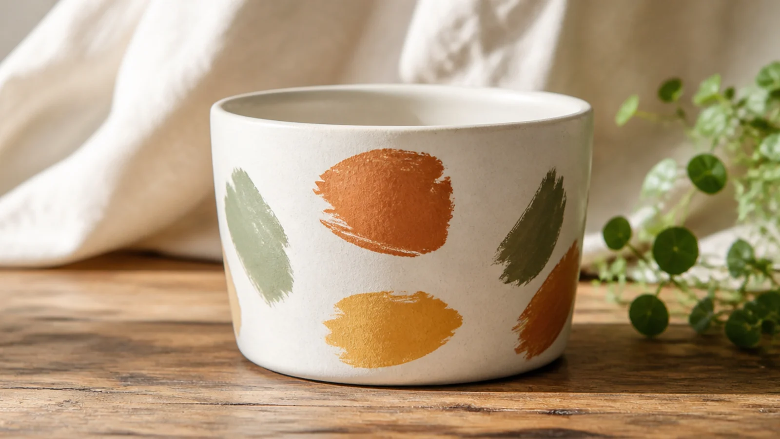 A small white pot with a few loose asymmetrical dabs and short brushstrokes in terracotta, sage, and mustard on the front.