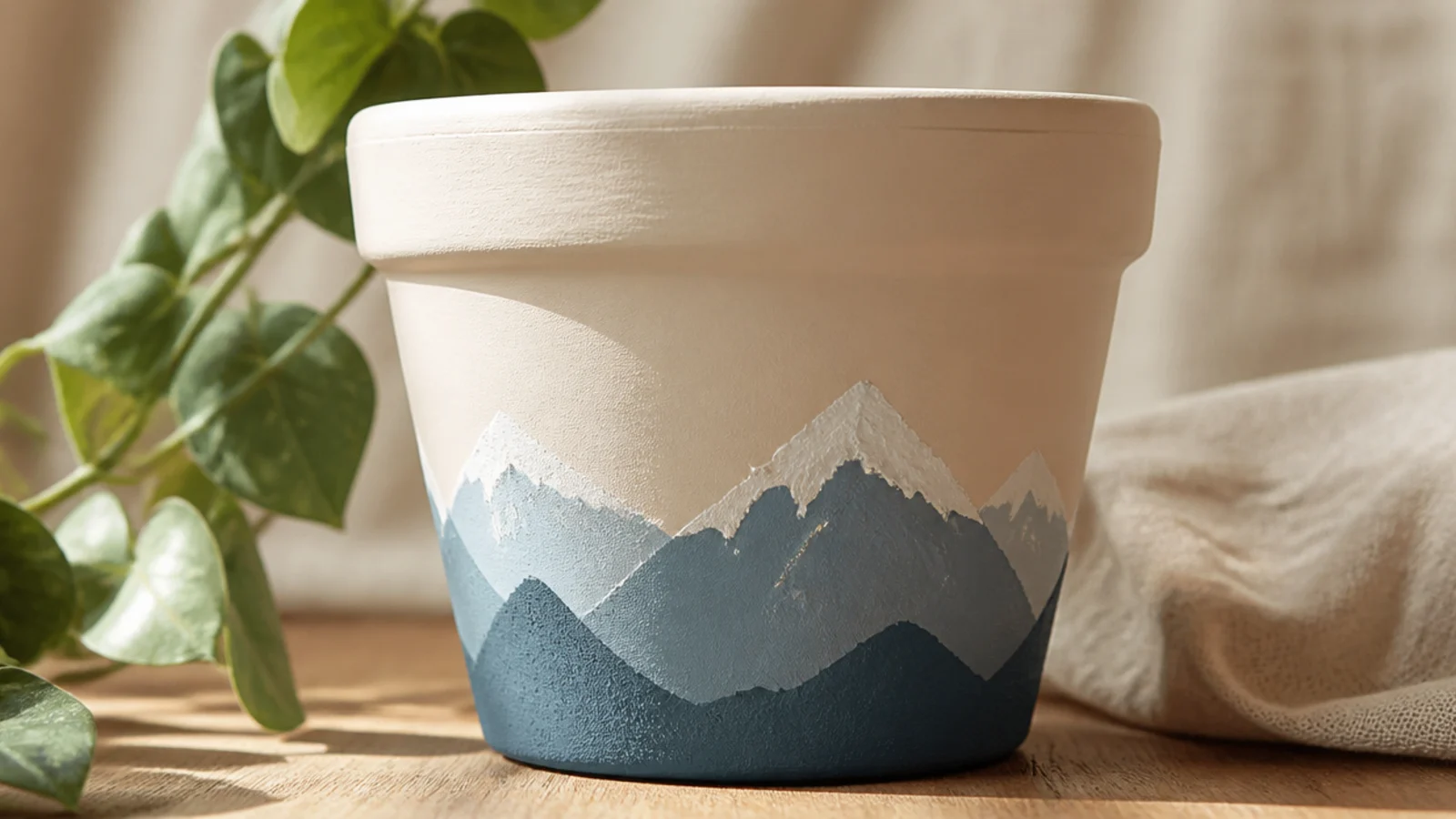 A small pot painted with a simple minimalist scene of dusty-blue mountain peaks with white snow caps under a cream sky.