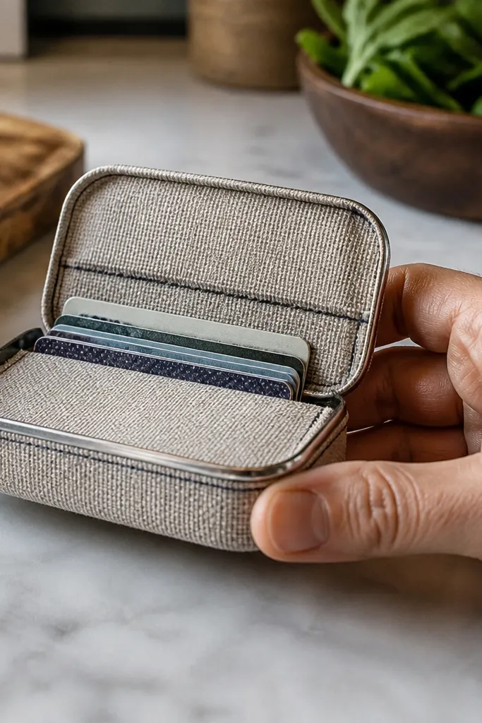 Beige fabric Altoids tin wallet with black stitched card slots and a clean snap flap.