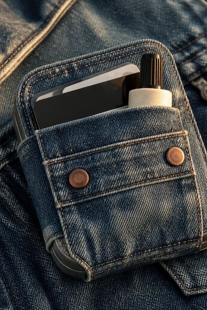 Blue denim Altoids tin wallet with a stitched pocket and copper button closure.