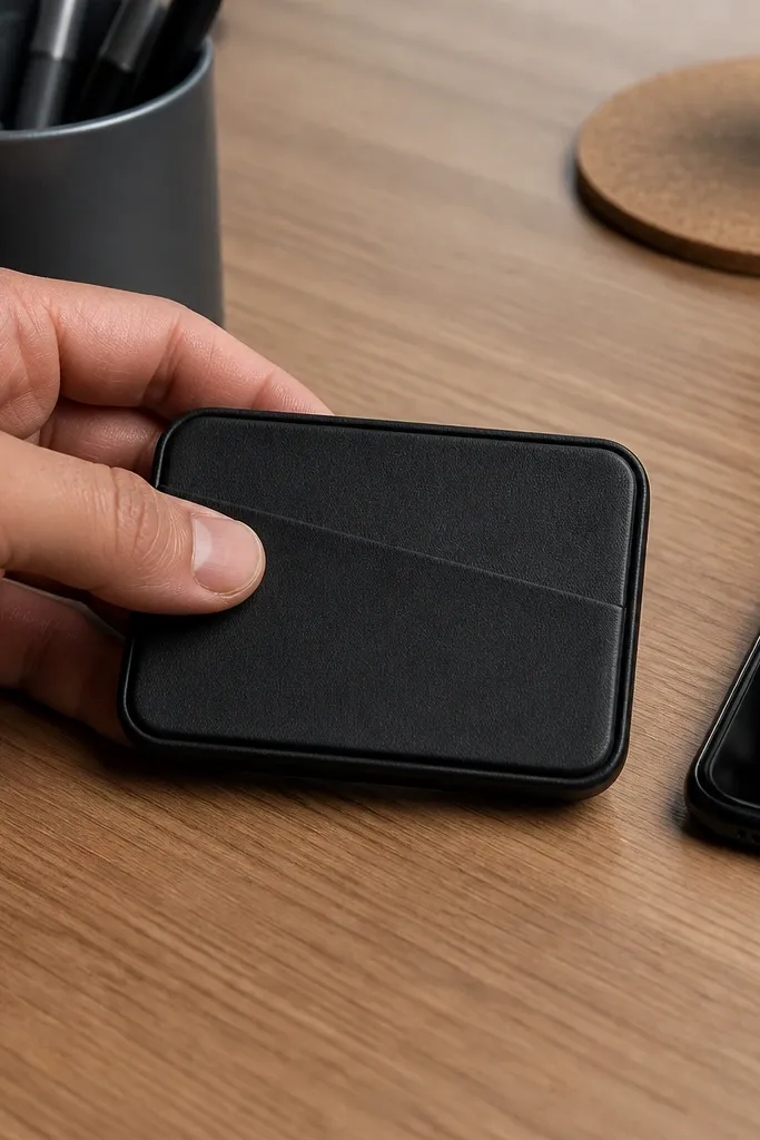 Black faux leather small Altoids tin wallet with minimal seams and a snap closure.