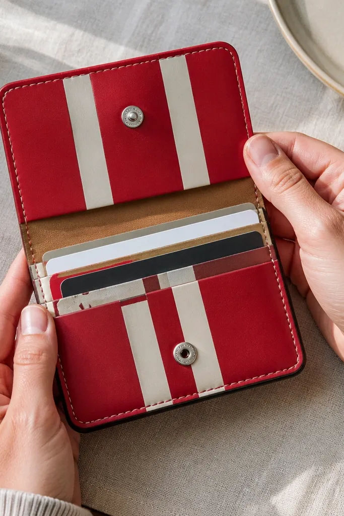 Red and cream color-block Altoids tin wallet with a snap flap and neat edge binding.