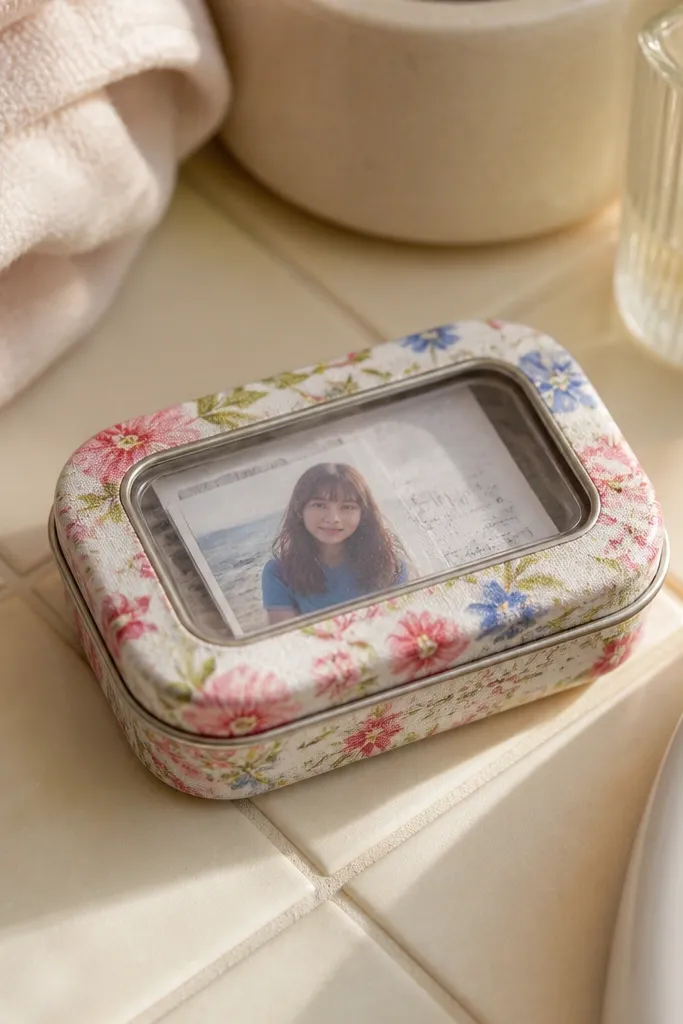 Pastel floral Altoids tin wallet with a small clear window showing a folded item.