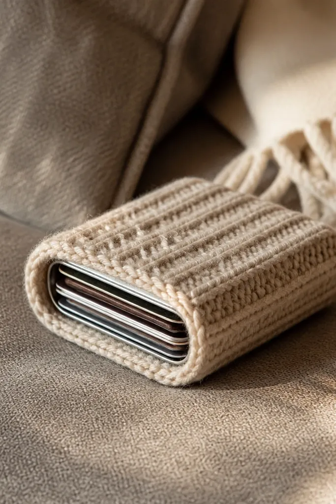 Knit fabric Altoids tin wallet with a snug sleeve and a fabric strap closure.