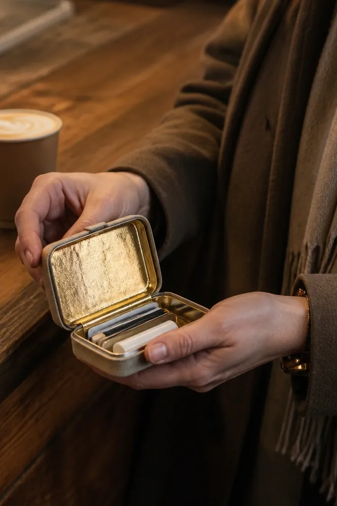 Warm gold inside lining with neutral outer Altoids tin wallet and snap closure.