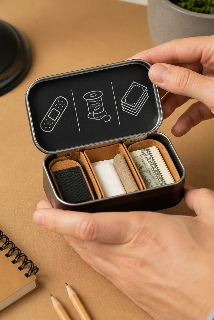 Black chalkboard-style Altoids tin wallet with handwritten labels and a snap closure.