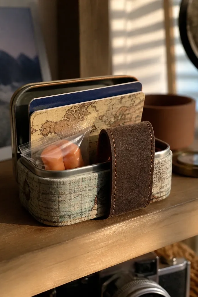 Vintage map print Altoids tin wallet with a brown leather strap closure.