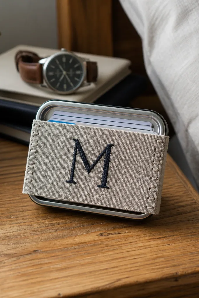 Altoids tin wallet with a big stitched monogram letter and snap flap closure.