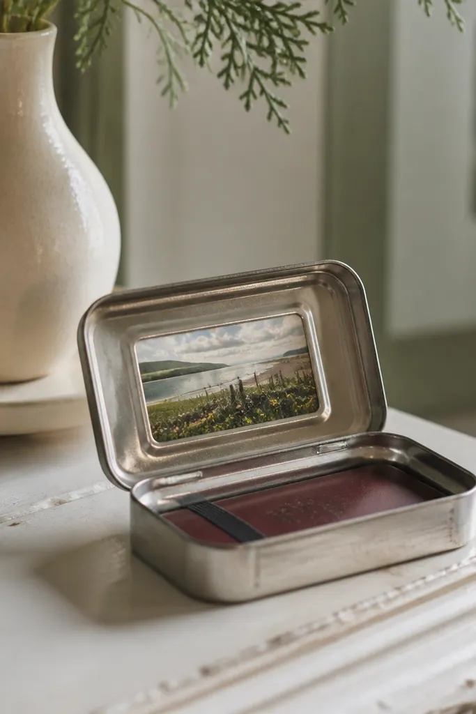 Altoids tin wallet with a clear insert on the lid showing a mini behind glass.