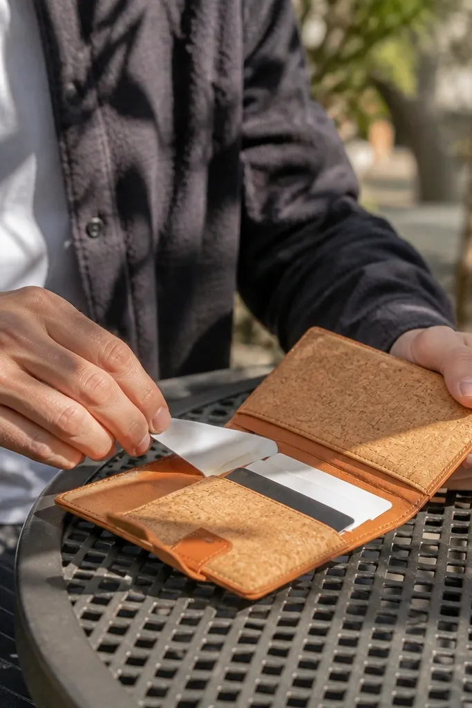 Cork Altoids tin wallet with a tan leather strap and snap closure.