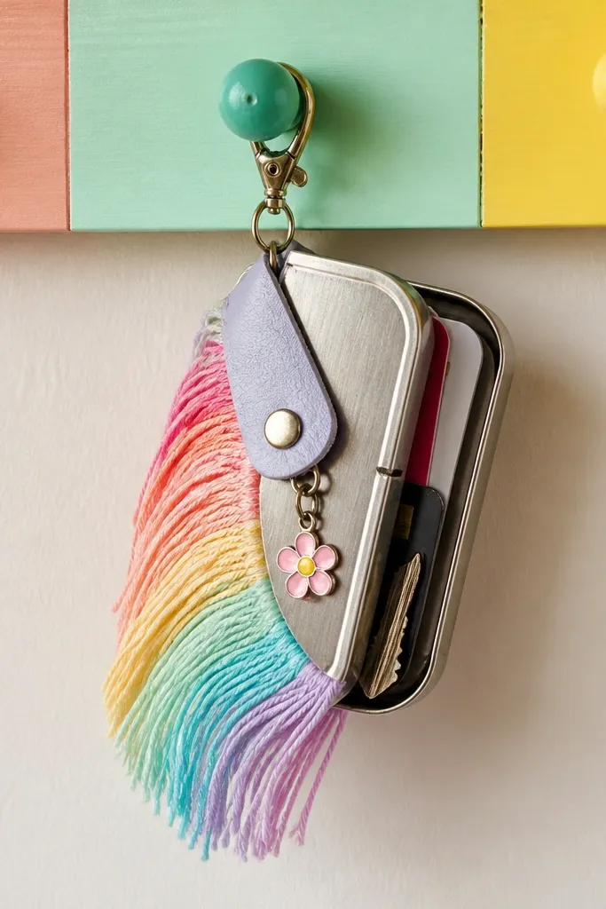 Altoids tin wallet with colorful fringe along the edge and a charm on the snap flap.