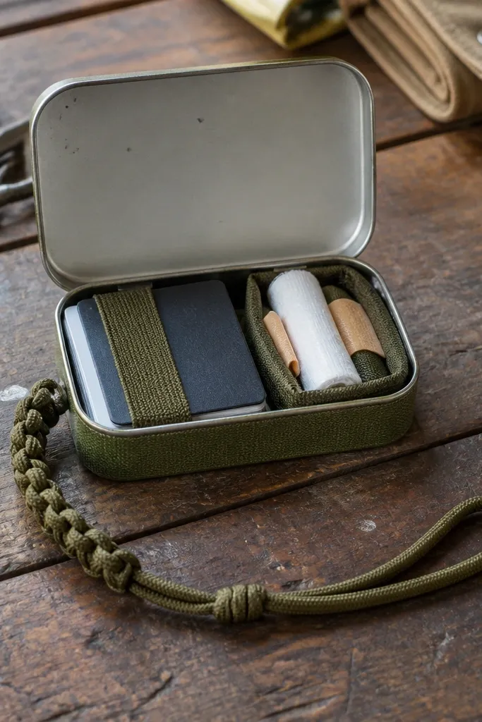 Olive canvas Altoids tin wallet with a paracord lanyard loop and snap closure.