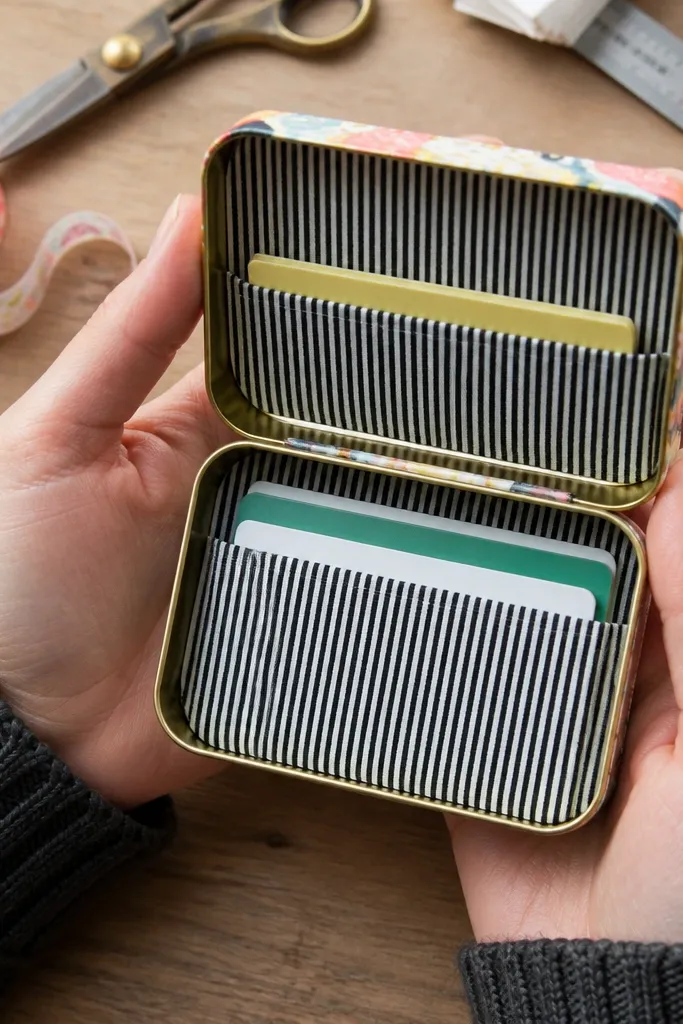 Altoids tin wallet with colorful washi tape border and a snap flap over card slots.