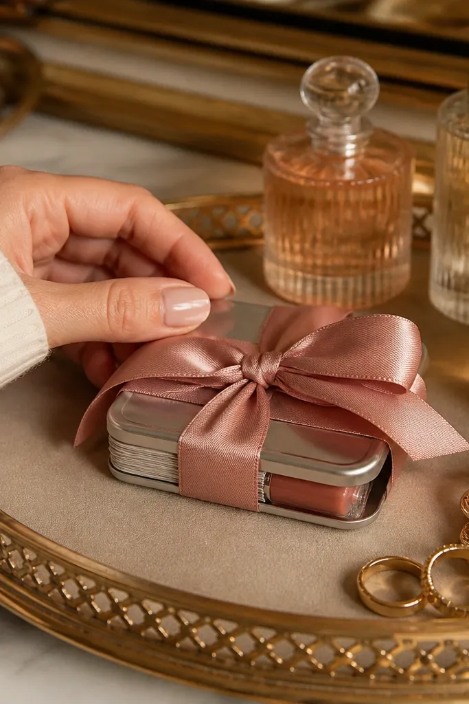 Altoids tin wallet wrapped in satin fabric with a ribbon tie and internal card pockets.
