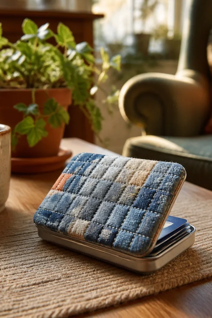 Quilted fabric Altoids tin wallet with topstitch lines and a snap closure.