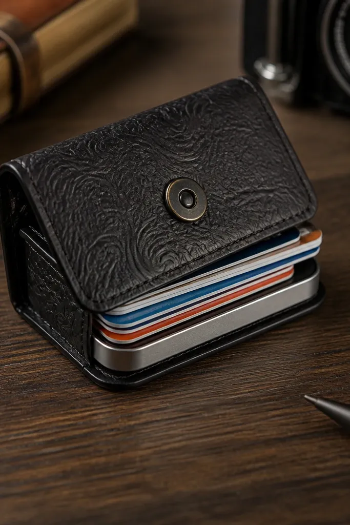 Embossed leather-look Altoids tin wallet with a centered snap and clean edges.