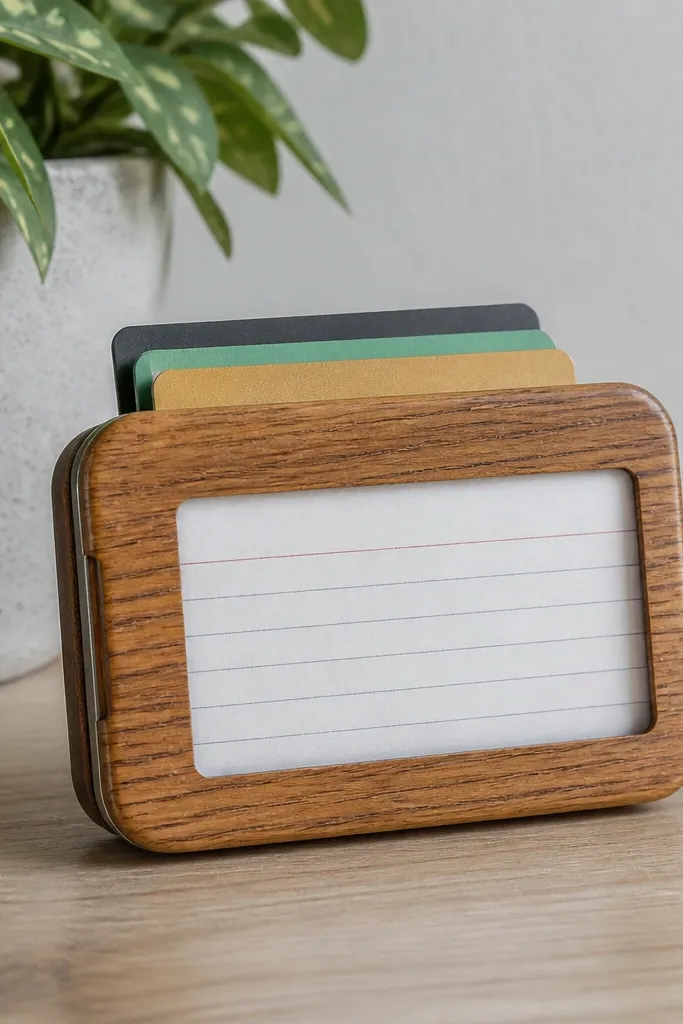 Woodgrain Altoids tin wallet with a clear front panel showing a small note.
