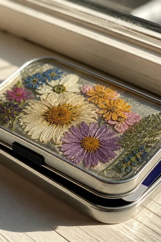 Altoids tin wallet with a window showing pressed flowers under a smooth protective layer.