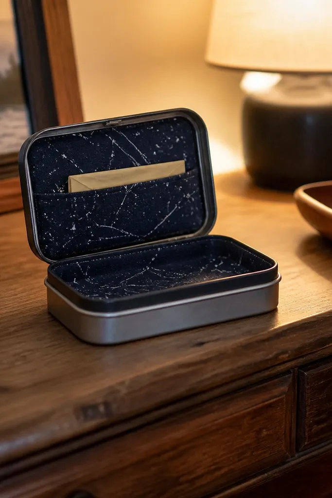 Altoids tin wallet with star map lining and a hidden interior pocket behind cards.