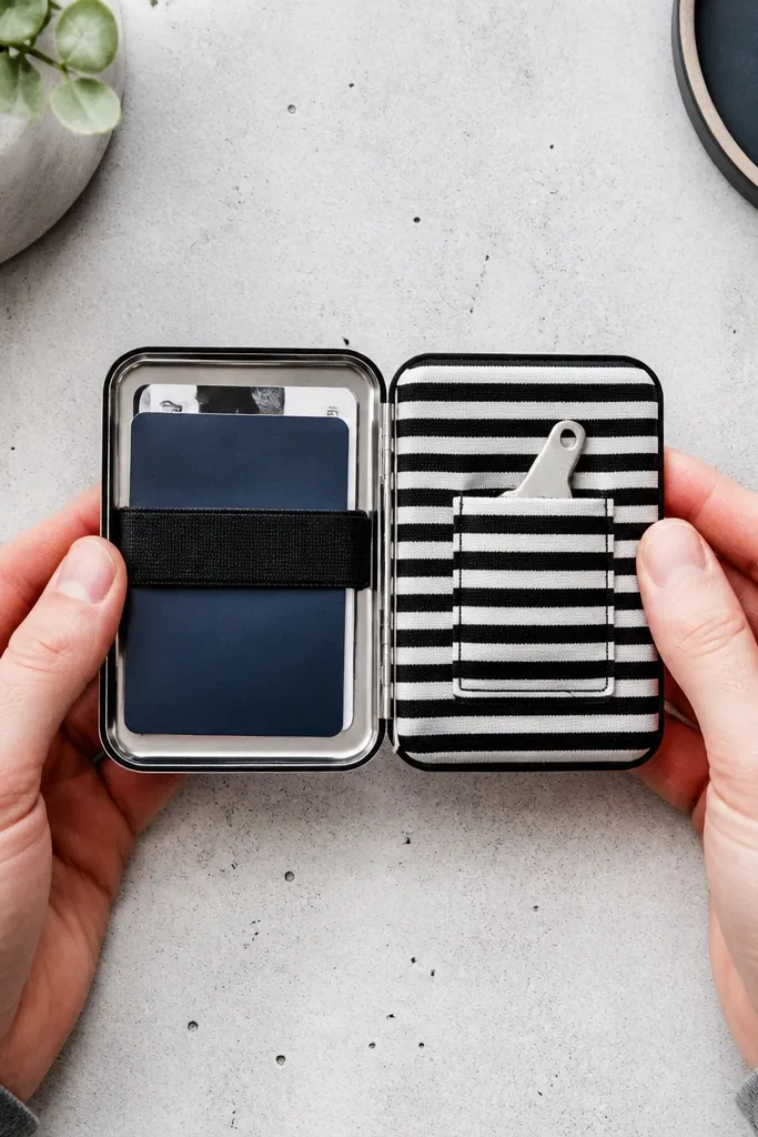 Monochrome striped Altoids tin wallet with a side pocket and centered snap closure.