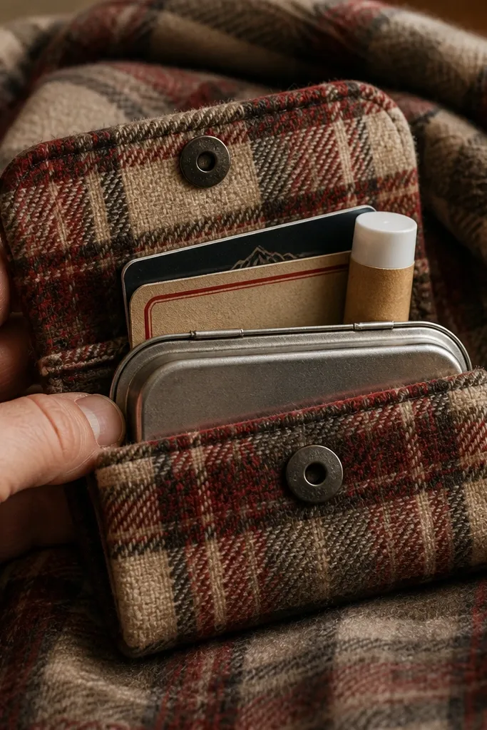 Flannel Altoids tin wallet with small button tab closure and stitched edges.