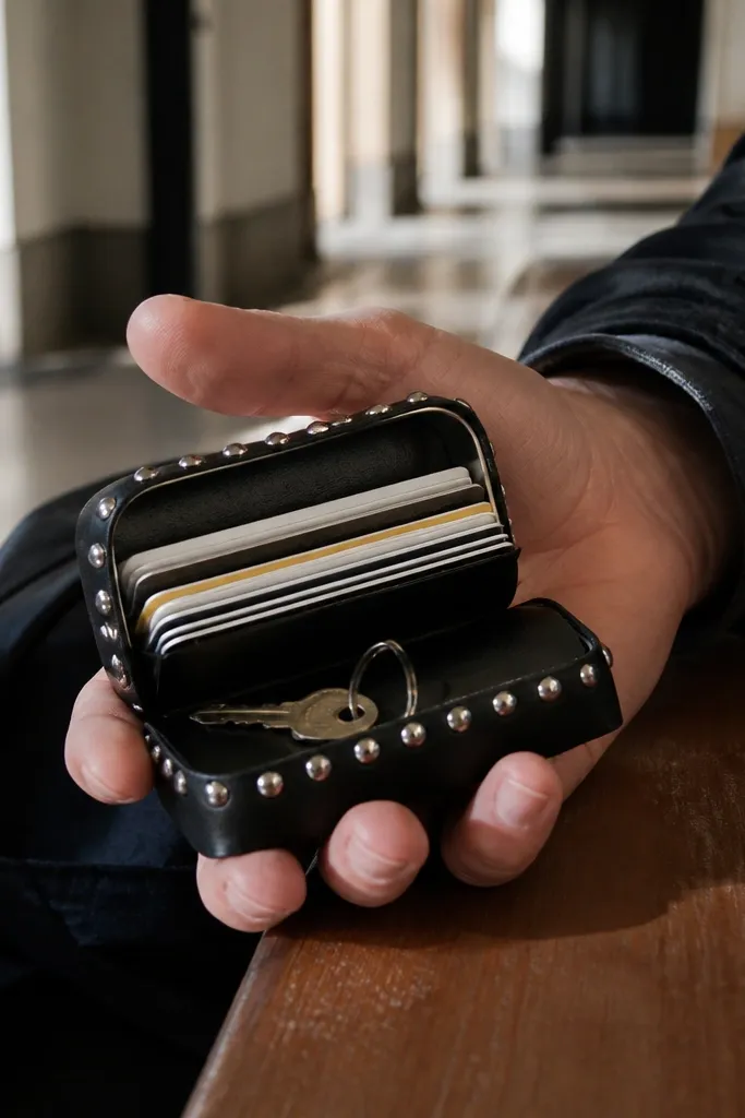 Vegan leather Altoids tin wallet with small studs at corners and snap closure.