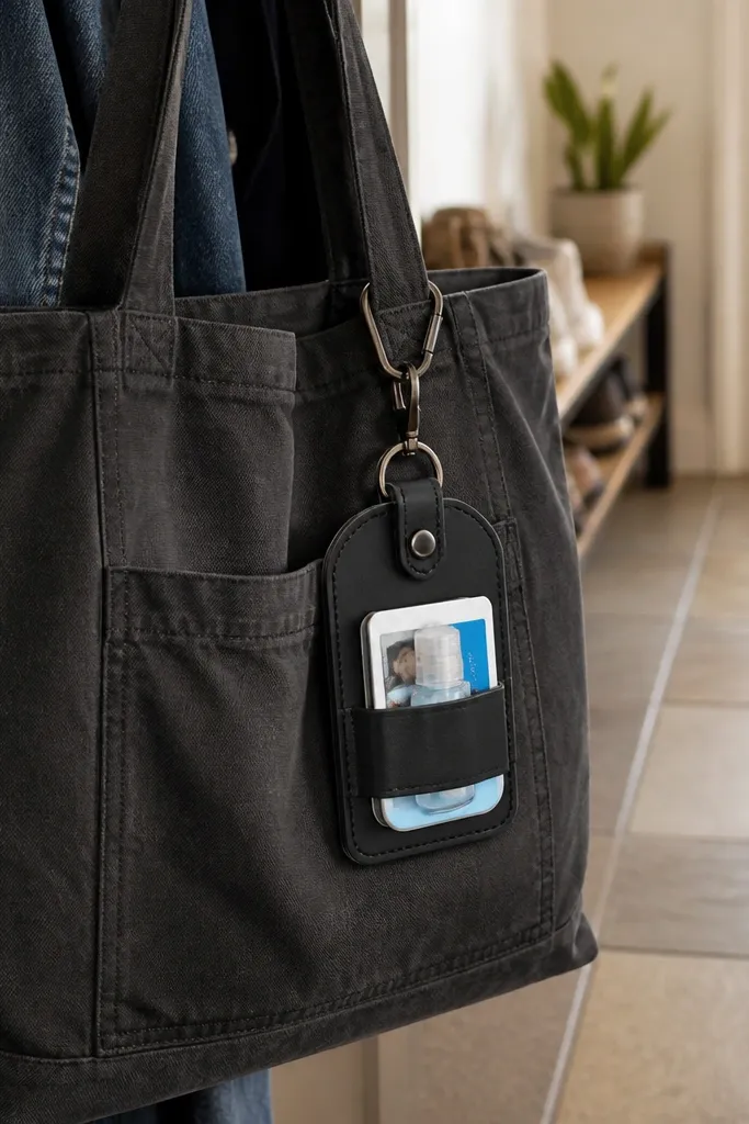 Altoids tin wallet attached to a keychain clip with a tag-style fabric cover.