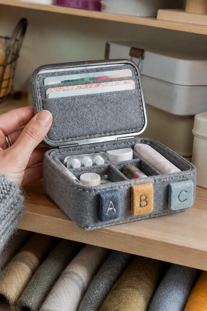Gray felt Altoids tin wallet with small letter tabs marking compartments and snap closure.