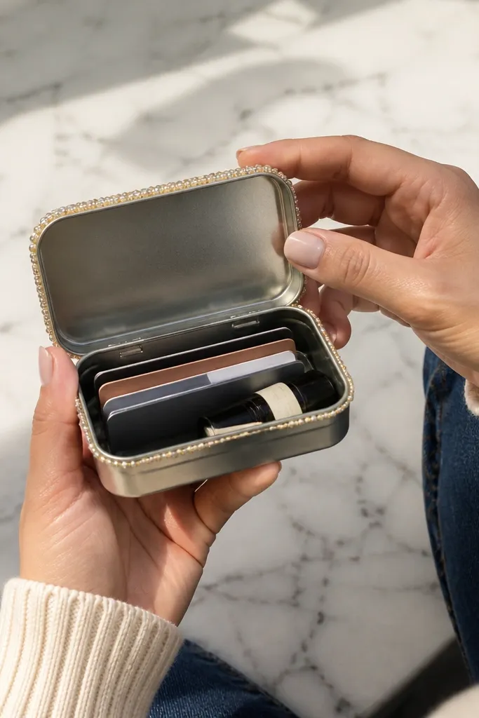 Altoids tin wallet with tiny beaded trim along the edge and a clean snap closure.