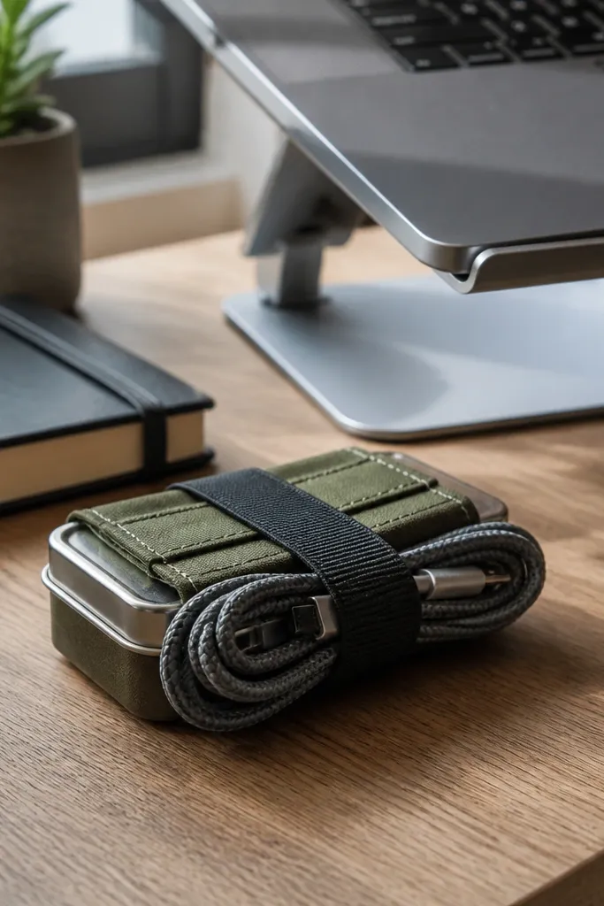 Altoids tin wallet with a rolled cable slot and a snap flap, in patterned fabric.