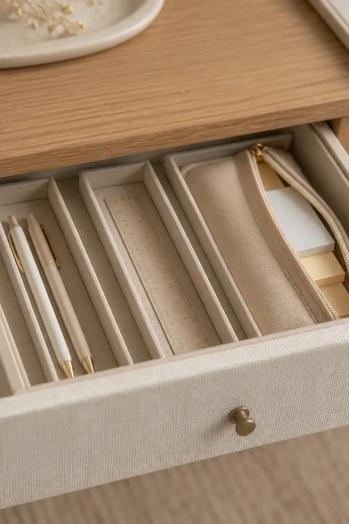 A shallow desk drawer with a linen fabric front panel. Inside are three compartments: a pen slot, a small ruler tray, and a zip pouch for sticky notes. Everything is color-coordinated in warm sand and cream tones.